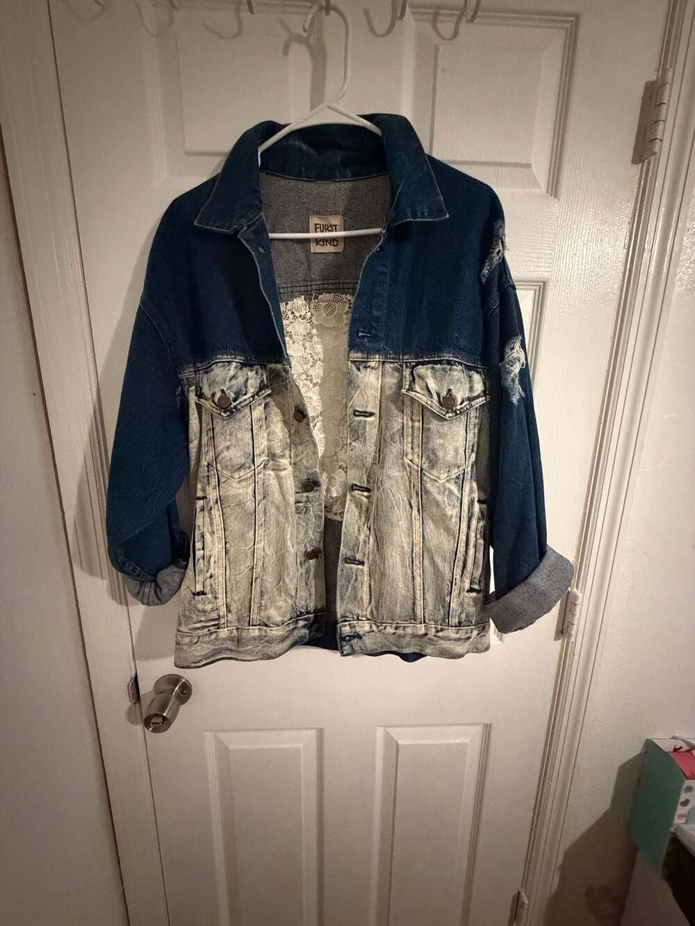 Distressed Denim Jacket with Lace Back Detail